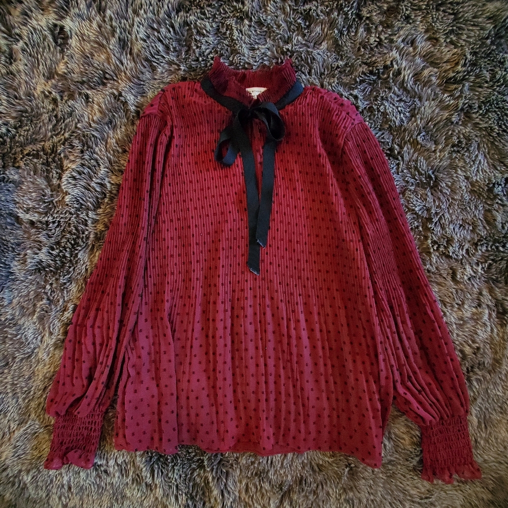 Max Studio Red Bell Sleeve Blouse with Ruffled Tie Front